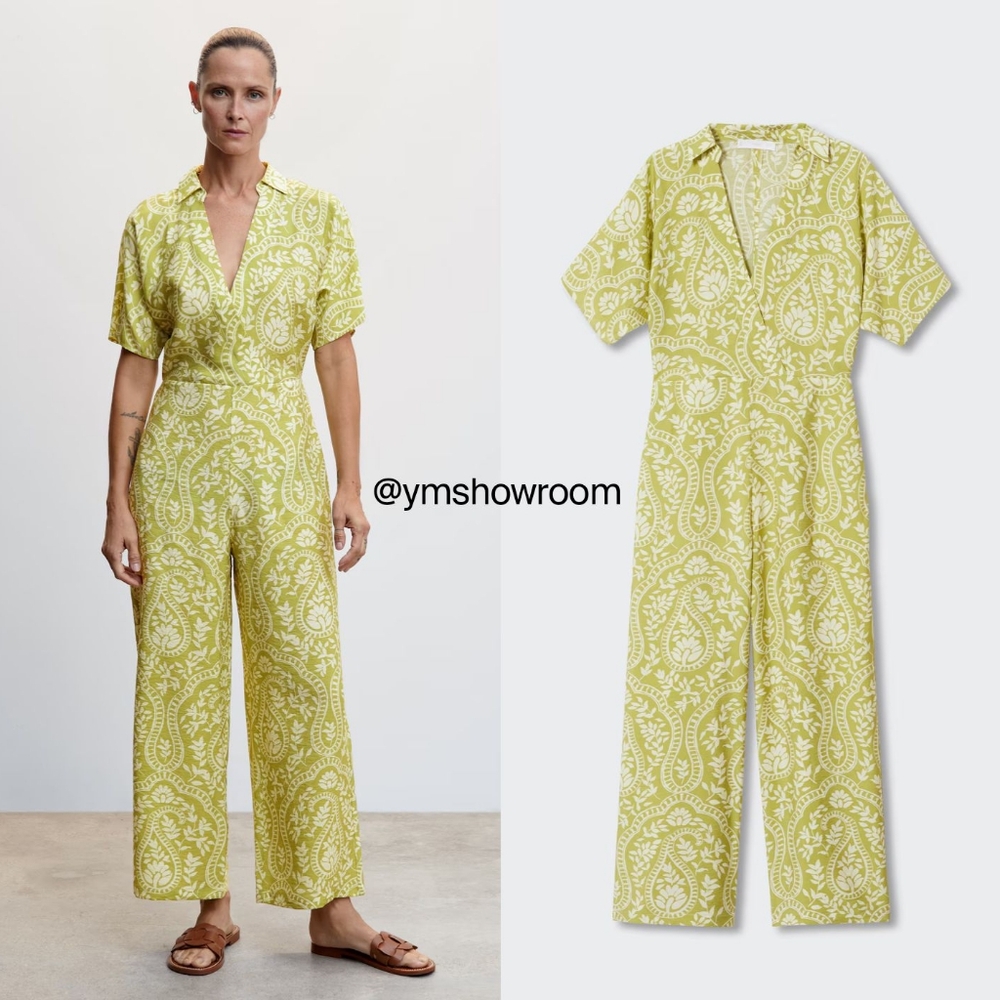 Mango Green Paisley Print Short Sleeve Jumpsuit
